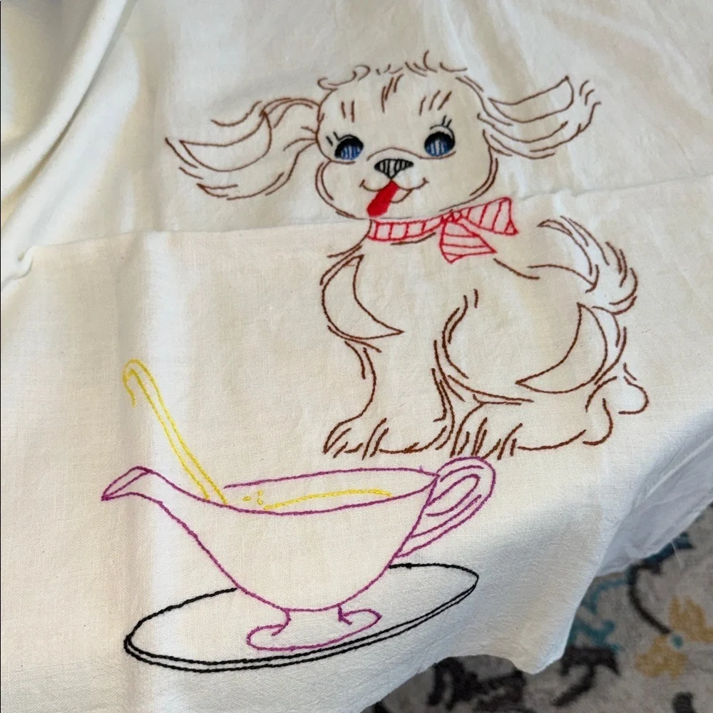 Vintage Embroidered  Kitchen Flour Sack Towels Set of Four Puppy/ Baking Kitchen